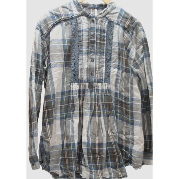 Free People Womens Medium Flannel Tunic Plaid Blue Tan Oversize Raw Hem Boho - Picture 1 of 11